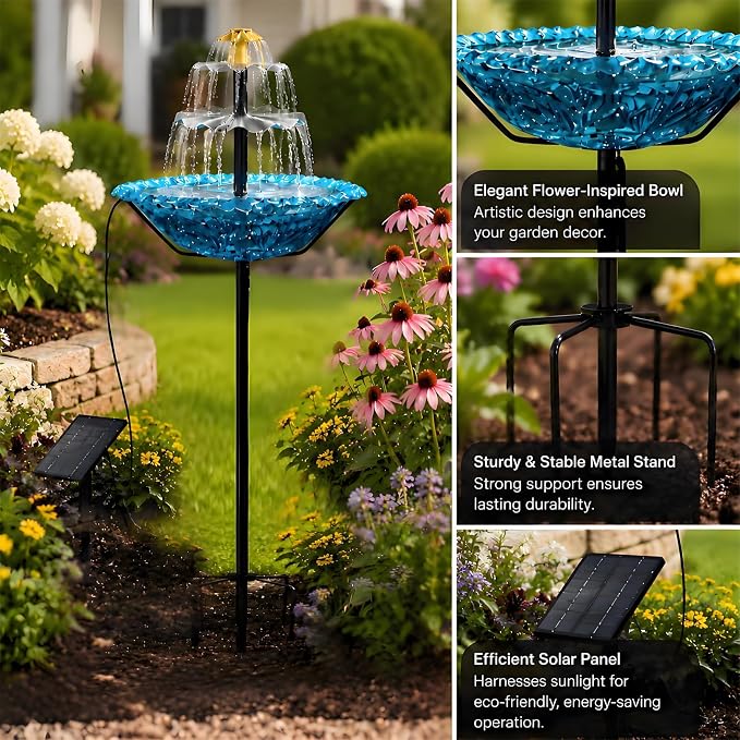 Solar Bird Bath Fountain for Outside,Plastic Birdbath with Metal Stand and Hook,New Spray System Outdoor Water Fountain,Floor-Standing and Wall-Mounted for Garden, Yard, Patio & Lawn Decor (Blue)