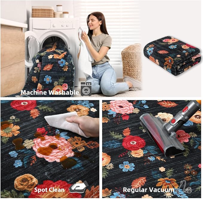 4x6 Washable Area Rugs for Bedroom: Small Living Room Rug with Non Slip Backing Low Pile Soft Faux Wool Distressed Vintage Floral Throw Rugs for Entryway Kitchen Office Nursery Entrance Enytry Indoor