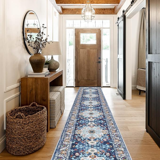 U'Artlines 2'x14' Boho Hallway Runner Rug Non Slip Washable Runners,Blue | Vintage Farmhouse Kitchen Rug Accent Area Carpet for Entryway Laundry and Living Room