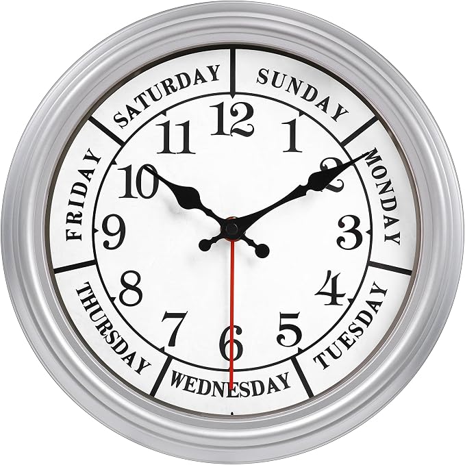 JENLYSTIME 12 Inch Retro Wall Clock,Classic Day of The Week Wall Clock,Silent Non Ticking Battery Operated Movement(Silver)