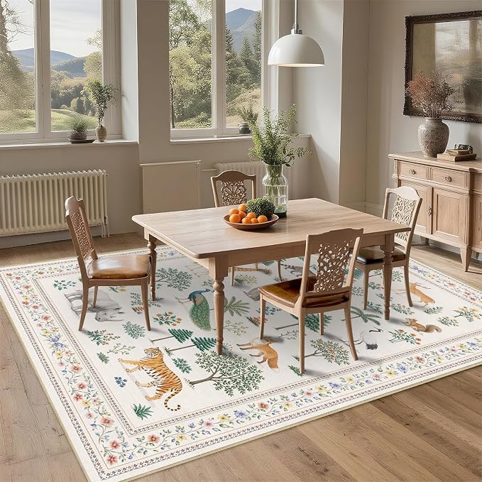 Area Rug 5x7 Jungle Animal Print Rug Wild Zoo Animals Forest Rugs for Living Room Machine Washable Non-Slip Printed Low Pile Indoor Carpet for Kids Room Nursery Bedroom Playroom,Beige