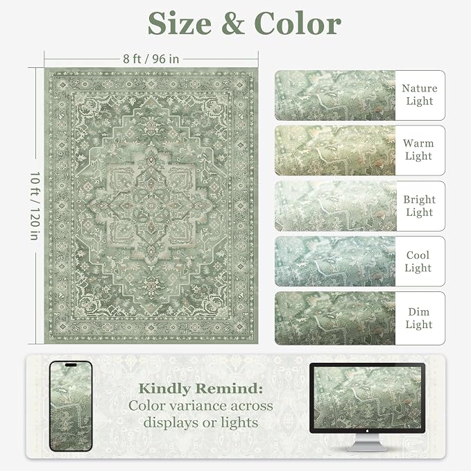 8x10 Sage Green Rugs for Living Room, Modern Vintage Medallion Washable Large Rug for Playroom Bedroom, Cozy Cottagecore Low Pile Thin Soft Carpet Rugs for Dining Room Soft Green