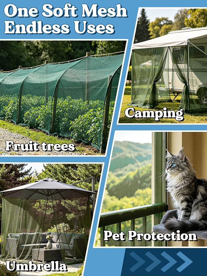 ANPHSIN 65x10ft Ultra fine Mosquito Net for Patio - Mesh Netting Screen for Outdoor Garden Porch Balcony, Protects Skin & Plants from Bugs, Birds, Green