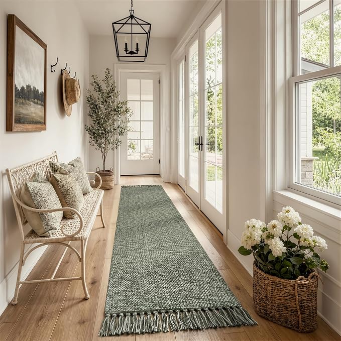 Kitchen Carpet Runners for Hallway 2.6x12ft, Washable Bathroom Rugs | Boho Sage Green Entryway Runner Rug, Hand-Woven Reversible Hallway Carpet for Laundry Bedroom Front Door Decor