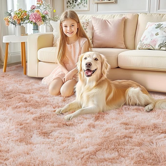 Large Area Rugs 9x12 Living Room, Ultra Fluffy Fuzzy Shag Rug for Bedroom, Modern Plush Soft High Pile Upgrade Non-Slip Carpet for Kids Girls and Boys Room Dorms Decor, Tie-Dyed Beige