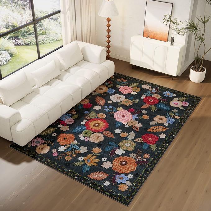 8x10 Area Rugs for Living Room: Washable Rug Non Slip Low Pile Soft Faux Wool Non Shedding Vintage Floral Large Carpet for Bedroom Dining Room Kitchen Nursery Under Table Home Office Farmhouse Indoor