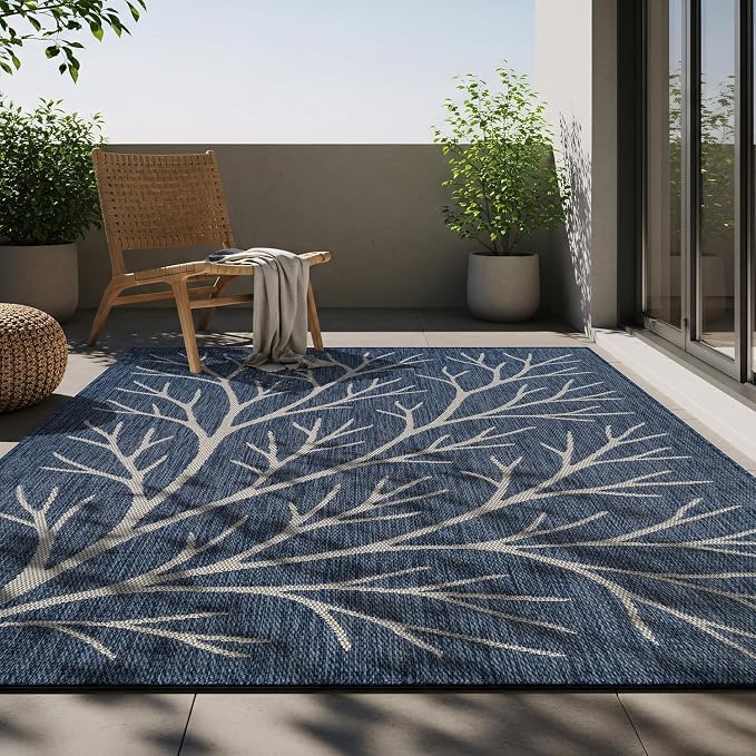 Washable Indoor Outdoor Rug 5x7 Modern Area Rugs Branch Pattern Non Shedding Waterproof Easy Clean Patio Deck Porch Living Room Bedroom Garden RV (5 X 7 Blue)