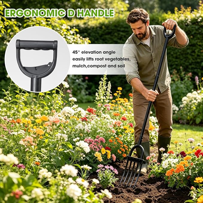 Broad Fork Garden Tool, 55" Heavy Duty 5 Sharp Tines BroadFork Hand Tiller Garden Pitchfork with Ergonomic Handles for Spading Digging Fork Gardening Cultivating Composting and Loosening