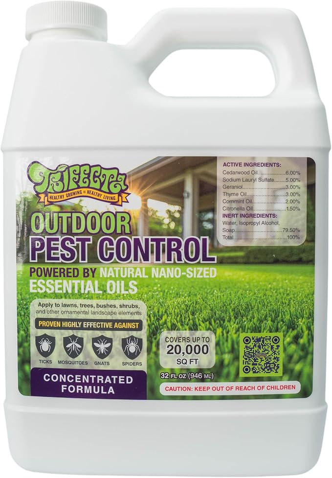 Trifecta Natural Outdoor Pest Control Yard Spray with Essential Oils | Mosquito, Ant, Flea, Tick, Gnat Killer on Contact & Repellent Treatment for Insects Bugs | Safe Around Kids & Pets | 32oz Conc