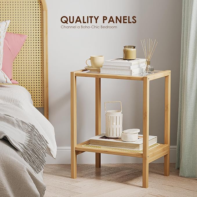 Bamworld Side Table Nature Rattan Night Stand Glass End Table 2-Tier with Storage Boho Bedside Table for Small Spaces Bamboo Coffee Table for Bedroom Living Room