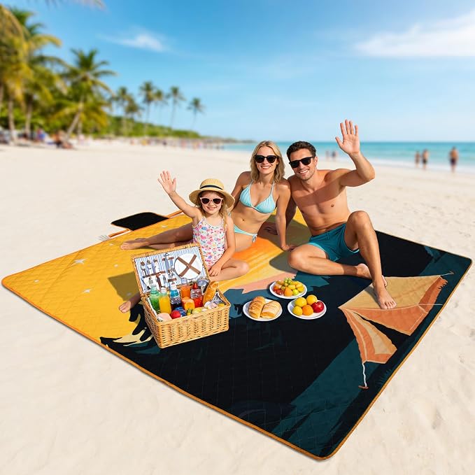 Tirrinia Picnic Blanket Waterproof, 70"x80" Extra Large Outdoor Blanket Waterproof, 3-Layer Foldable Picnic Mat with Sandproof Backing for Beach, Camping, Hiking, Park, Travel