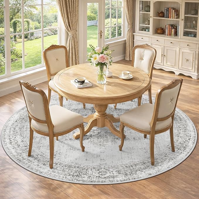 Round Rugs 6ft Washable Rug, Vintage Boho Medallion Rugs Non-Slip Soft Low Pile Circle Distressed Rug Indoor Retro Carpet for Living Room Bedroom Dining Room Home Office (Grey, 6' Round)