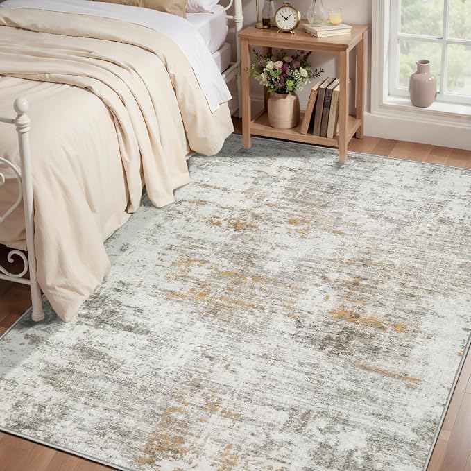 Beige Abstract 4x6 Washable Rug, Modern Non Slip Rugs for LIving Room | Tangsoo Contemporary Indoor Carpet, Neutral Soft Low Pile Floor 4x6 Area Rug for Dining Room Bedroom Dorm Bedside Home Decor