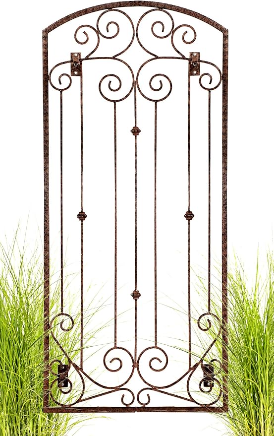 H Potter Wall Mounted Garden Trellis 72" H, Heavy Duty Iron, Charcoal Brown | Adjustable wall brackets included. Powder-coated finish. Supports climbing roses, clematis, ivy and vines.
