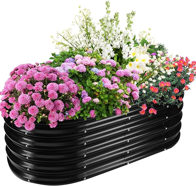 TBMLC 17" Tall Elevated Oval Metal Raised Garden Bed - 4ft x 2ft in Size and 0.8MM Thick Durable Planter Bed/Box for Vegetables Flowers Succulent at Patio/Garden Outdoor (Black, 4X2X1.4 FT)