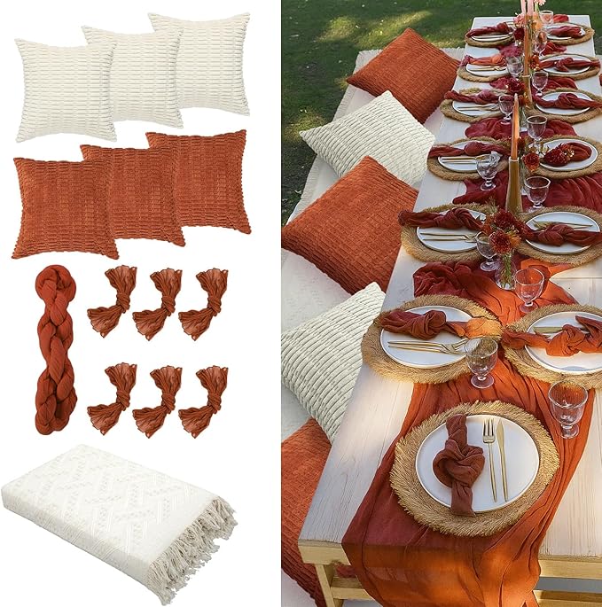 Beeveer 14 Pack Picnic Kit 91 x 71 Inch Extra Large Outdoor Boho Picnic Blanket with Terracotta Table Runner, 6 Throw Pillow Cover 6 Napkin Woven Cotton Yarn Washable Beach Blanket for Camp Wedding