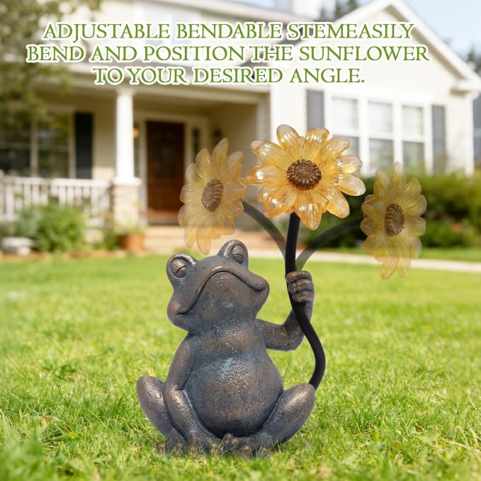 basen Solar Frog Statue with Glowing Sunflower Light, Outdoor Garden Frog Figurine Decor for Yard Lawn Patio, Resin Solar Animal Sculpture with LED Light for Garden Landscape, Gift for Mom Grandma