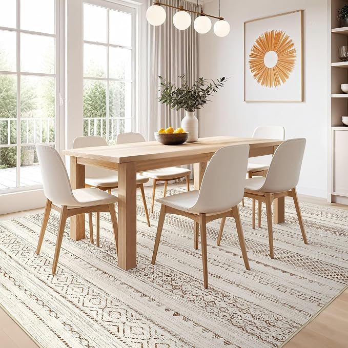 Nakagishi 7x10 Area Rug Living Room: Washable Boho Large Neutral Modern Soft Farmhouse Rugs Stain Resistant Indoor Floor Non-Slip Carpet for Bedroom Nursery Kids Playroom Office Dining Room- Brown