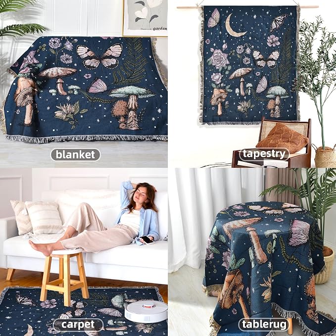 Boho Throw Blanket Reversible Cotton Bohemian Tapestry Hippie Room Decor Double Sided (Mushroom 50"x60")