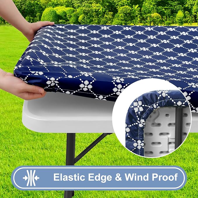 misaya Rectangle Vinyl Table Cloth, Elastic Fitted Tablecloth with Flannel Backing, Waterproof Plastic Table Cover Fits 6 Foot Folding Tables for Picnic, Camping, Indoor and Outdoor (Navy, 30" x 72")