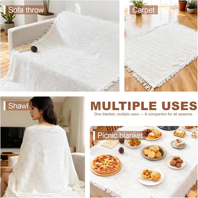 Upriver 91 x 71'' Extra Large White Picnic Blanket, Outdoor Decorative Picnic Blanket with Fringe