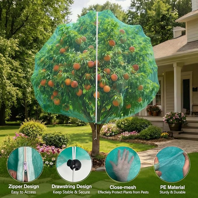 KEOHOLI 12FTx12FT Green Large Fruit Tree Netting Reusable Durable Mesh Cover with Zipper and Drawstring for Fruit Tree Protection Cover from Birds Cicadas Squirrels and Insects