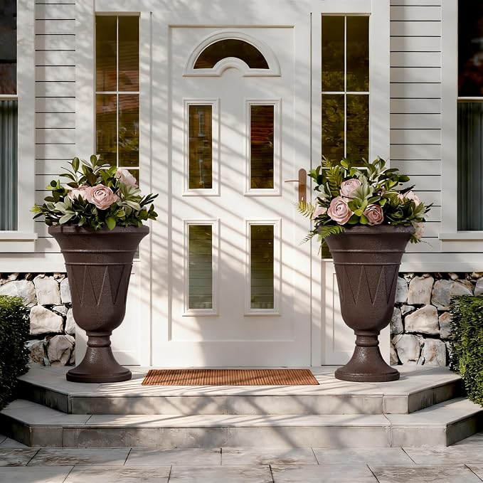 Tall Urn Planters for Outdoor Plants Set of 2-23.6" H Vintage Trophy Design Outdoor Planters for Porch Decor with Drainage Hole, Indoor Large Flower Pots, Pedestal Planter/Garden Vase, Brown