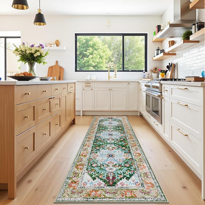 U'Artlines 3'x10' Boho Hallway Runner Rug Non Slip Washable Runners,Green | Vintage Farmhouse Kitchen Rug Accent Area Carpet for Entryway Laundry and Living Room