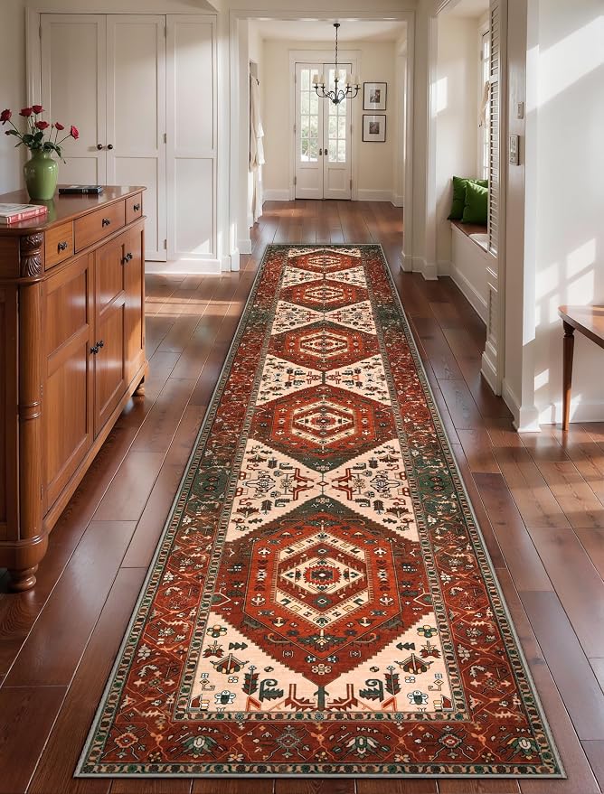 SERISSA 2'6"x14' Washable Non Slip Boho Runner Rug for Hallway | Ultra Soft Vintage Oriental Carpet Low-Pile Terracotta Green Floor Carpet for Kitchen Bedroom Entryway Bathroom Laundry Room