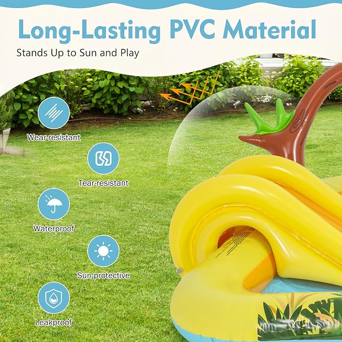 GLACER Kiddie Pool with Slide, Baby Pool with 11 Jungle Animal Toys | Inflatable Play Center with Arch Sprinkler, Repair Patches, PVC Outdoor Toddler Splash Pad for Backyard, Garden and Poolside