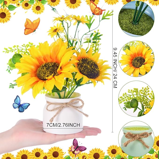 Zeyune 8 Pcs Sunflower Potted Plants Rustic Summer Spring Kitchen Wedding Table Centerpieces Silk Yellow Fake Flower with Plastic Pot for Home Bathroom Office (4 Colors,Sunflower)