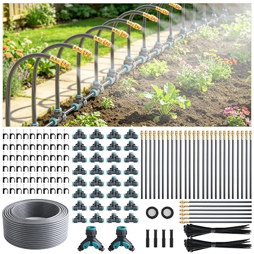 200FT 1/4" Quick-Connect Drip Irrigation System Kit, Automatic Garden Watering System with 32 Pcs Adjustable Spray Nozzles for Garden, Greenhouse, Yard, Lawn