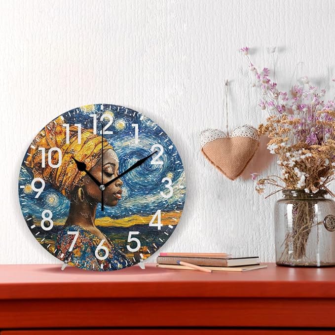 ALAZA Home Decor African Women Starry Sky Round Acrylic 9.84 Inch Wall Clock Non Ticking Silent Clock Art for Living Room Kitchen Bedroom