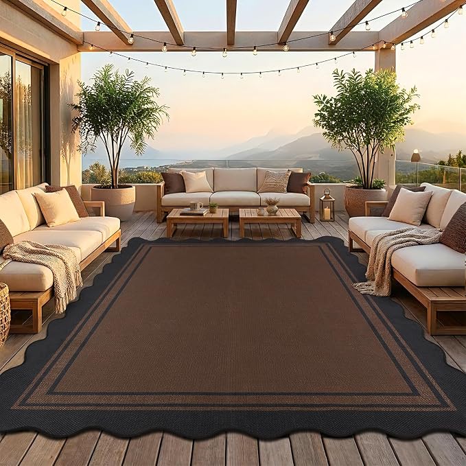 8x10 Scalloped Rug Easy Jute Washable Rug for Living Room Indoor Outdoor Black Brown Geometric Non Slip Carpet for Under Table Neutral Carpet for Backyard Patio Dining Room