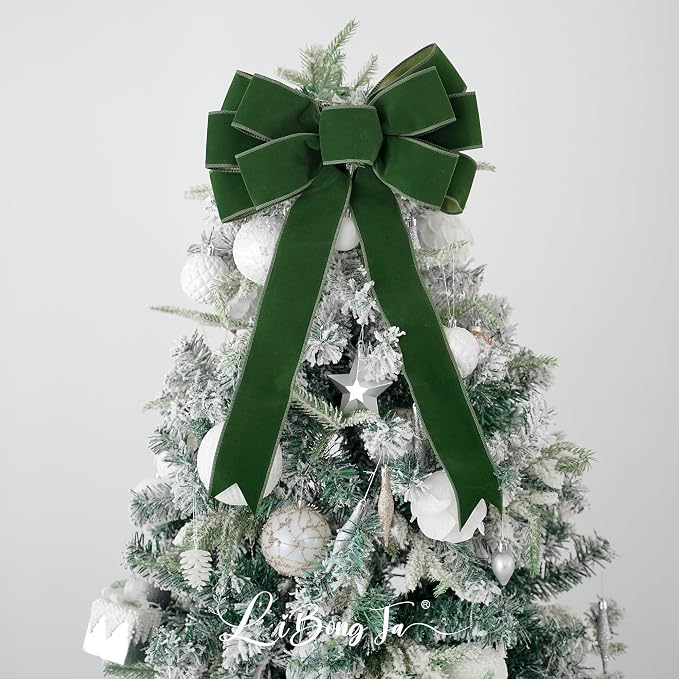 13" Moss Green Bow Pre-Tied Bow for Christmas Tree, Green Velvet Ribbon Bows for Wreaths, Premade Tree Toppers Bows for Gift Wrapping, Party Favor, Christmas Home Indoor Outdoor Decor-1 Count
