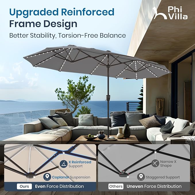 PHI VILLA 13ft Patio Umbrella with 120 PCS Solar-Powered LED Color-Changing Lights, Double-Sided Large Rectanglular Umbrella Outdoor for Table with Crank Lift,Light Grey(No Base)