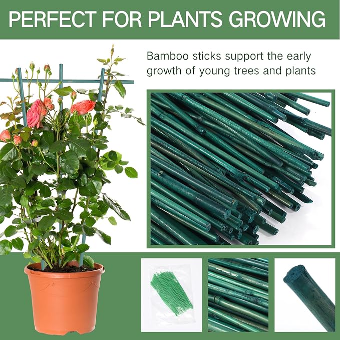 Suclain 100 Pcs 4 Feet Bamboo Stakes for Plant Support Bamboo Sticks Poles Indoor and Outdoor Tall Garden Stakes with 100 Twist Ties for Tomato Bean Flowers Trees Potted and Climbing Plant Support