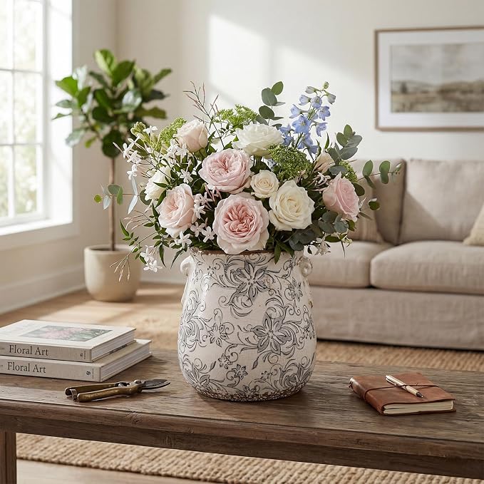 Ceramic Scroll Planter 6.5 Inch Chinoiserie Floral Vase with Drainage Holes Vintage Flower Vase Flower Pot Rustic Ceramic Pots for Indoor Plants Garden Home Bookshelf Decor(Gray Camellia)