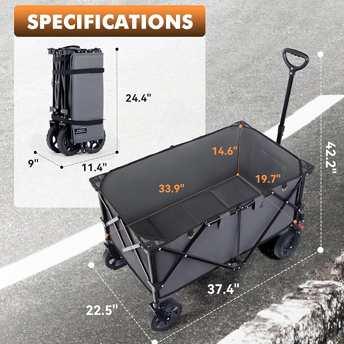 Hikenture Collapsible Wagon 330LBS Capacity, 200L Extra Large Wagons Carts | Utility Wagon for Grocery, Garden, Camping & Sports Gear; One-Hand Fold; 360-Degree Wheels; Built-In Wheel Brake
