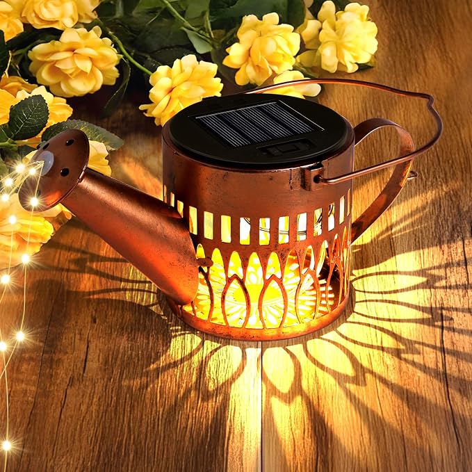 2 Pack Solar Watering Can Lights, Metal Solar Lights Outdoor Decorative with Fairy Silhouette Stake, Waterproof Hanging Lantern Garden Decor Light for Outside, Patio, Yard, Birthday Gifts for Women