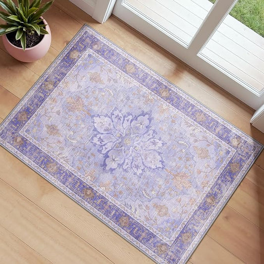 RELEANY Washable Area Rug, Small 2'x4', Purple | Non-Slip, Water Repellent, Pet Friendly, Easy to Clean, Vintage Floral Boho Decor for Kitchen Entryway Bathroom