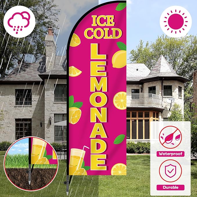 2 Sets Lemonade Feather Flag for Business Advertising 7 FT Summer Lemonade Swooper Flag Sign with Pole Ground Stake Portable Bag Windless Welcome Open Banner for Outside Garden Business Store (Pink)
