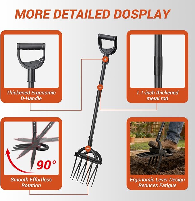 Broad Fork Garden Tool, Heavy Duty 5+4 Sharp Tines BroadFork Hand Tiller Garden Pitchfork with Ergonomic Handles for Spading Digging Fork Gardening Cultivating Composting and Loosening
