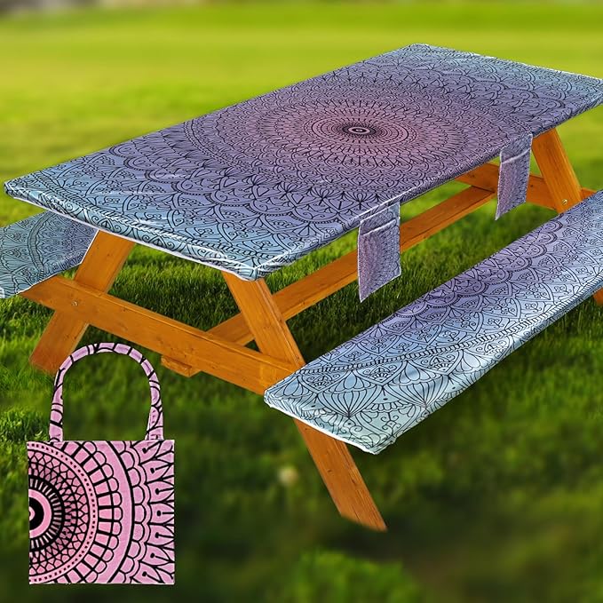 Wrakus Picnic Table Cover with Bench Covers Vinyl Elastic Edges Fitted Rectangle Seat Tables Waterproof 3-Piece72X30in Set Outdoor Rectangular Folding Backing Tablecloth for Camping Over Size