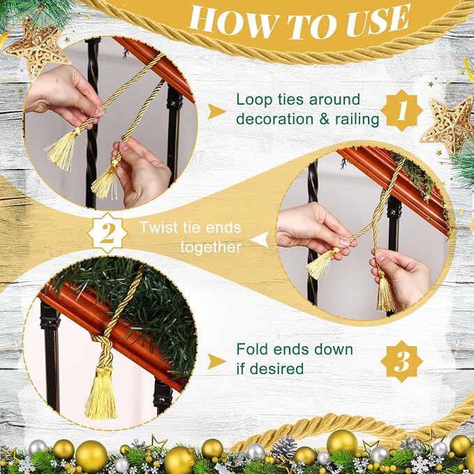 Dingion 20 Pcs Christmas Garland Decorative Banister Ties with Tassel 25.2 Inches Christmas Reusable Twist Ties for Garland Fireplace Staircase Banister Home Xmas Holiday Decorations(Gold)
