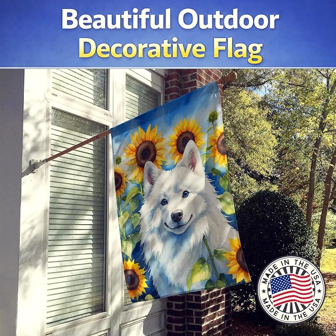 Caroline's Treasures DAC6008CHF American Eskimo in Sunflowers House Flag Large Porch Sleeve Pole Decorative Outside Yard Banner Artwork Wall Hanging, Polyester, House Size, Multicolor