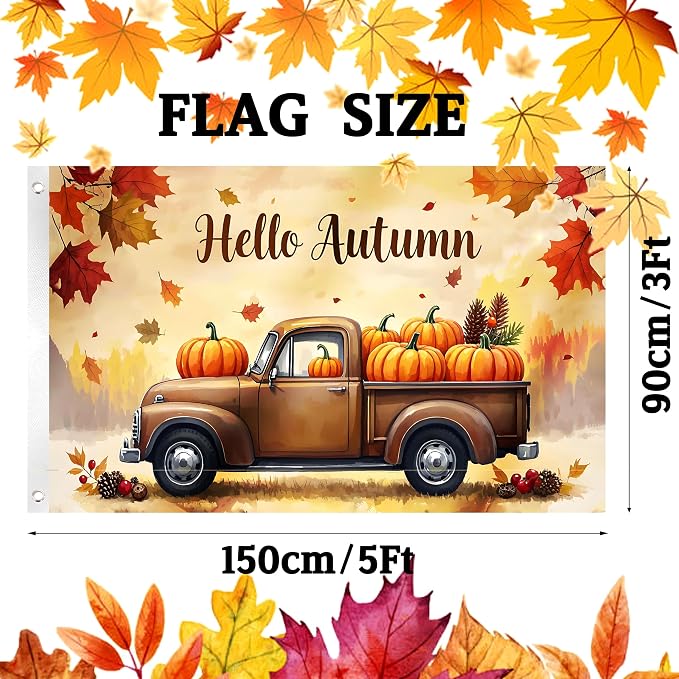 Fall Flag 3x5Ft Outdoor Double Sided Happy Fall Banner for Outside Hello Autumn Holiday Yard Flag Thanksgiving Truck Harvest Pumpkin Berries with 2 Grommets for Farmhouse Indoor Outdoor Decor