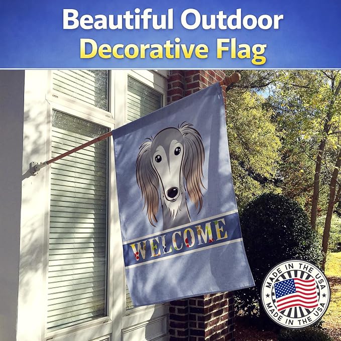 Caroline's Treasures BB1415CHF Saluki Welcome House Flag, Blue Large Porch Sleeve Pole Decorative Outside Yard Banner Artwork Wall Hanging, Polyester, House Size, Multicolor