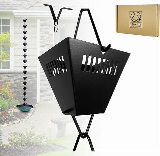 U-nitt Rain Chain Water Collection for Gutters Rainwater Catcher & Diverter, 8.5 FT Chains for Outside Garden, Black Square Cups, Roof Downspout, Works with Heavy Rain, w/ Gutter Clip for Rainchains