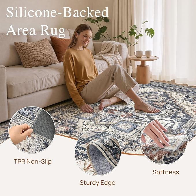 DTICON Vintage Washable 6x9 Area Rug Living Room Rugs, Blue | Boho Distressed, Pet & Kid Friendly, Non-Slip Backing, Soft Polyester, Low-pile Carpet for Living Room, Bedroom, Dining Room